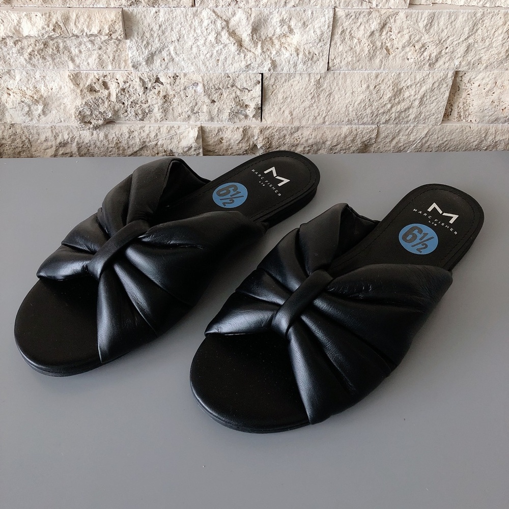 Marc Fisher black Leather Knotted Slide Sandals 6.5 NWT Square Toe Bow shoes